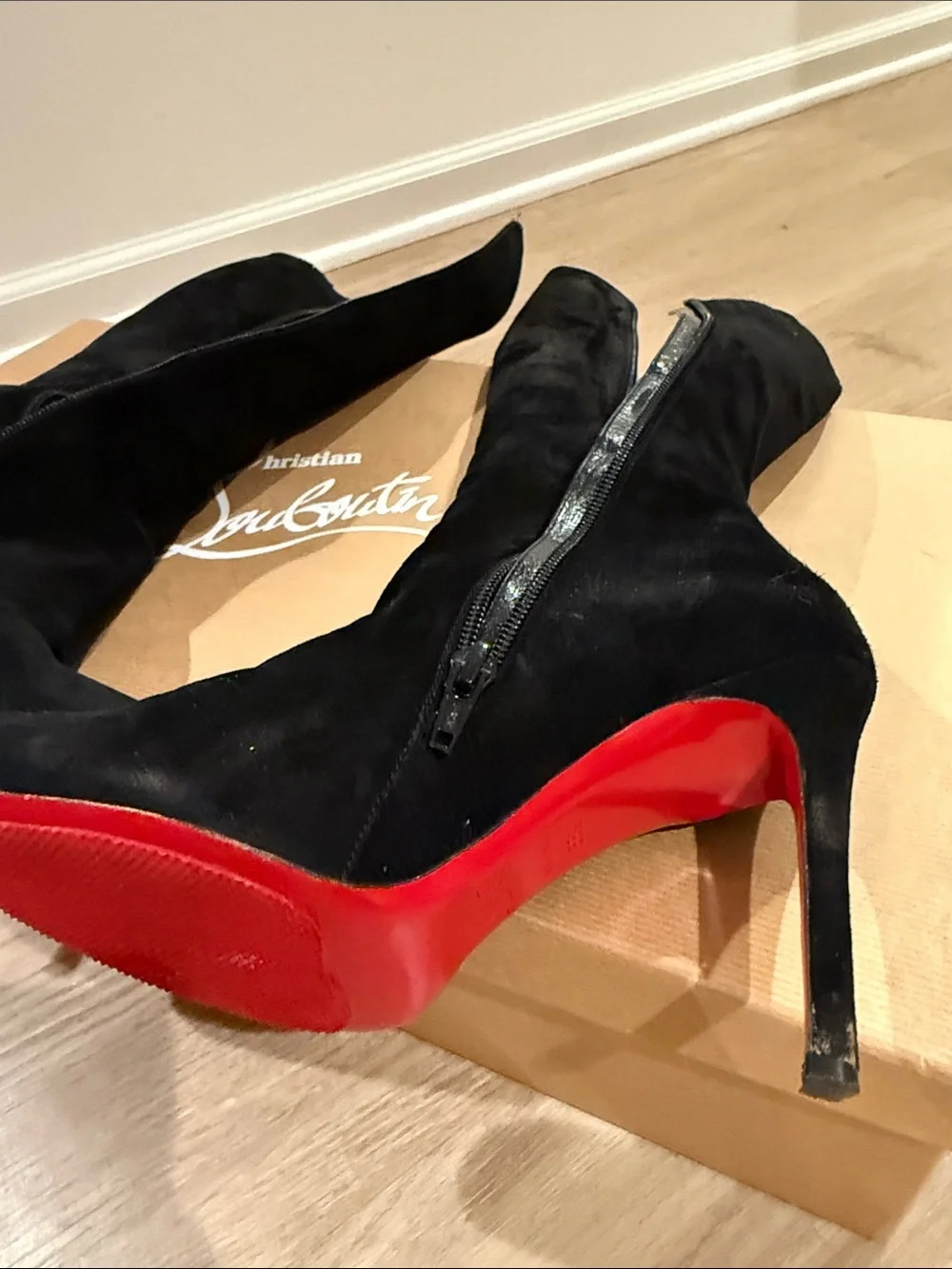 Christian Louboutin Black Suede Over-the-Knee Stiletto Boots with Red Soles